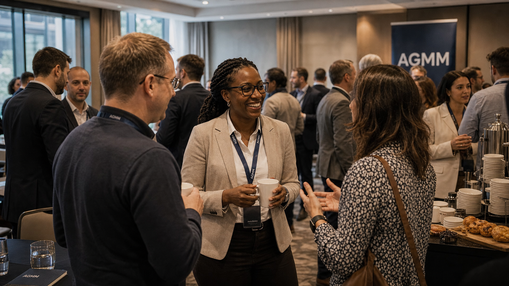 Business leaders talking during an AGMM-branded event